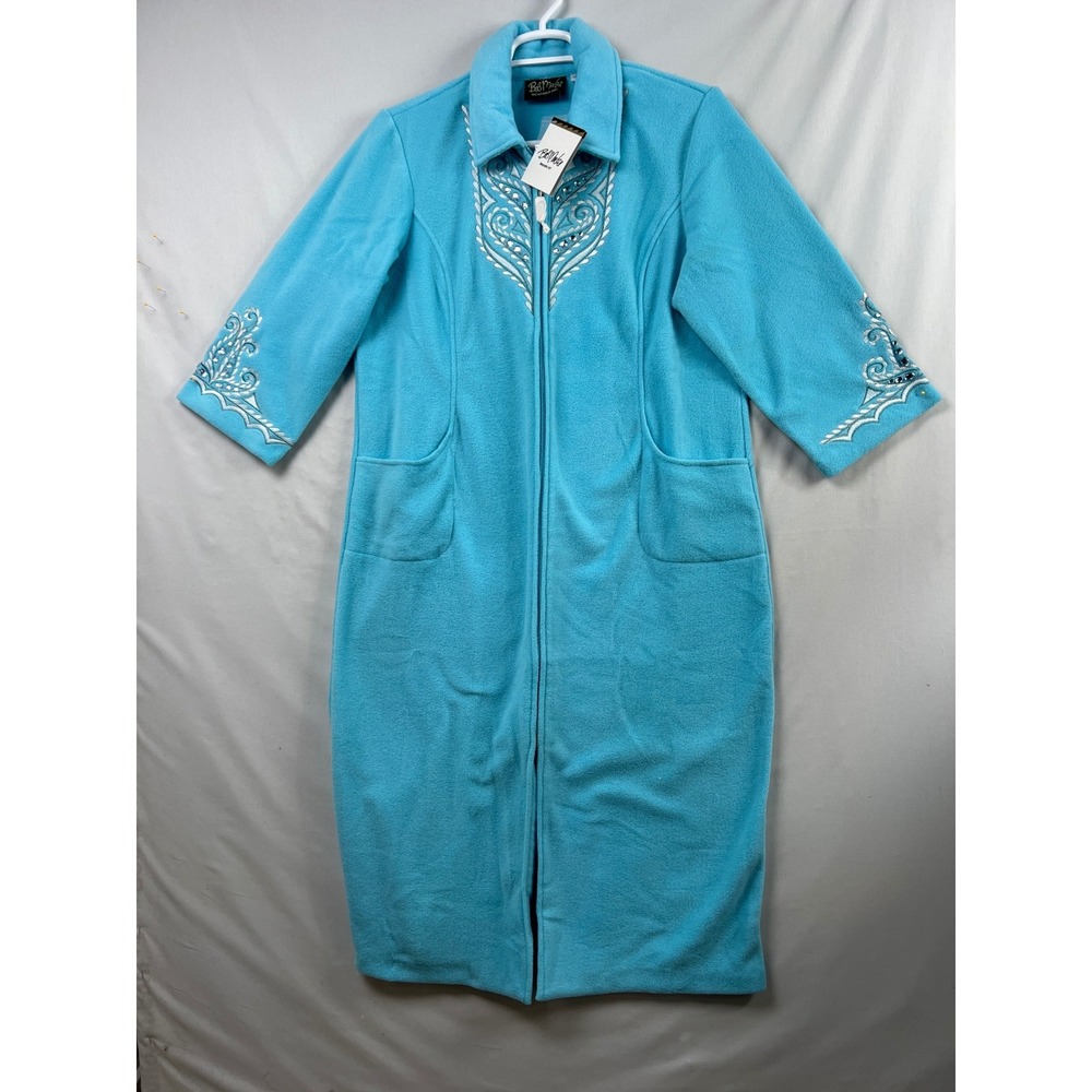 Bob Mackie Wearable Art Robe Womens Large Blue Fleece Zip Front Embroidered Maxi